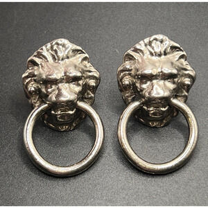 Signed Kenneth Jay Lane KJL Silver Plated Lion Head Door Knocker Clip Earrings